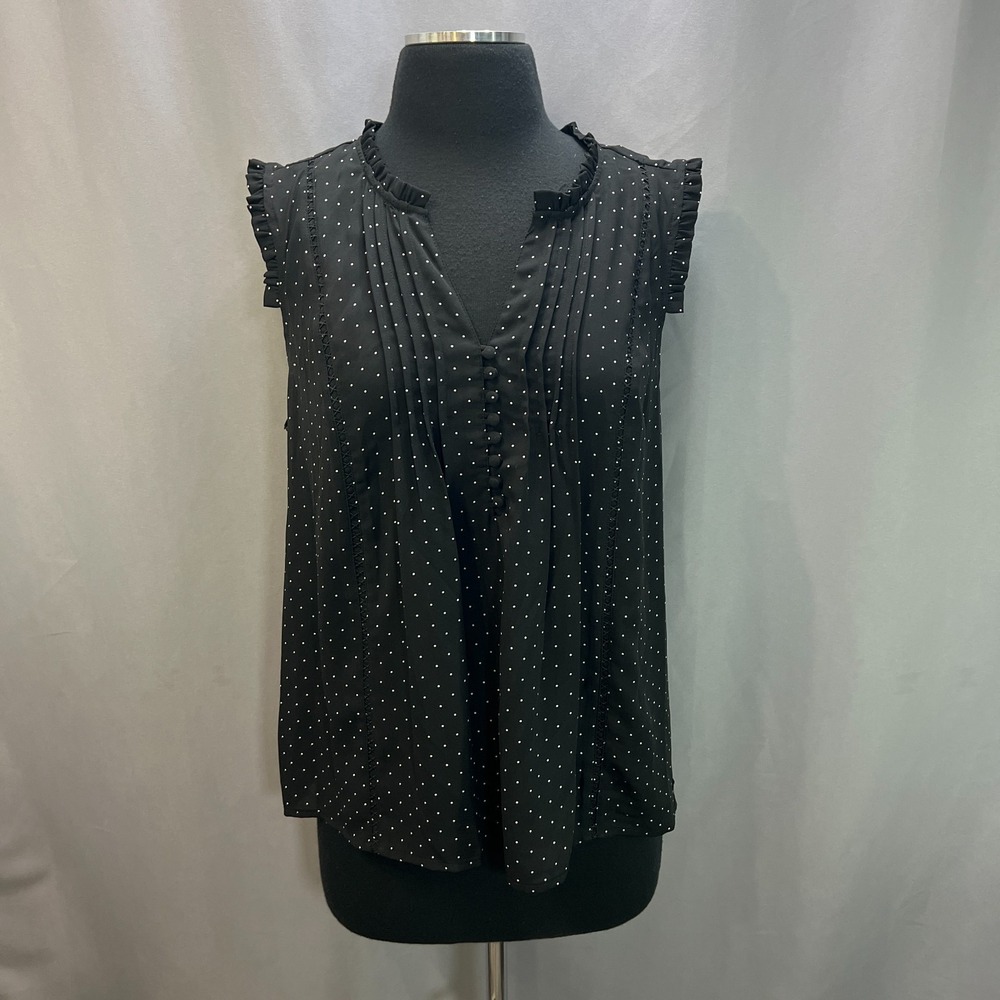 Zac & Rachel Blouse Womens L Black White Polka Dot Pleated V-Neck Button Details